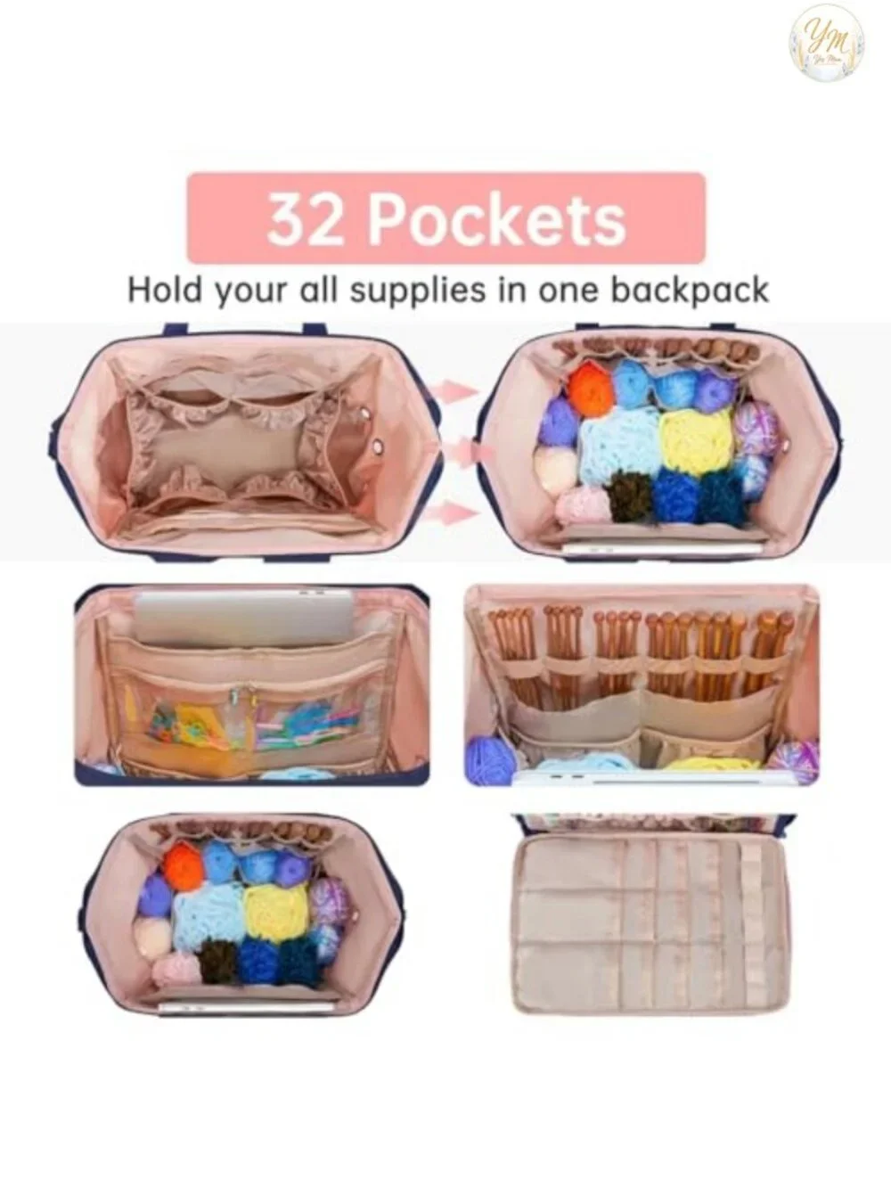 25L Yarn Storage Backpack Knitting Crochet Bag with USB Port for Travel